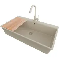 PrimaGran Granitspüle Beige 88x50cm, Spülbecken 1 Becken + Küchenarmatur 32x20cm + Ablauf-Set + Schneidebrett, Küchenspüle ab 90er Unterschrank - Oslo