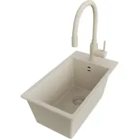PrimaGran Granitspüle Beige 28x50cm, Spülbecken 1 Becken + Küchenarmatur 38x14cm + Ablauf-Set, Küchenspüle ab 30er Unterschrank - Riga