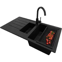 PrimaGran Granitspüle Alles Schwarz 90x50cm, Spülbecken 1,5 Becken + Küchenarmatur 32x20cm + Ablauf-Set, Küchenspüle ab 60er Unterschrank - Kopenhagen Duo