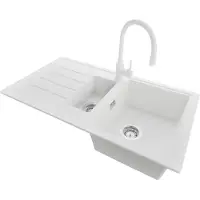 PrimaGran Granitspüle Weiß 90x50cm, Spülbecken 1,5 Becken + Küchenarmatur 38x14cm + Ablauf-Set, Küchenspüle ab 60er Unterschrank - Kopenhagen Duo