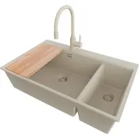 PrimaGran Granitspüle Beige 78x50cm, Spülbecken 2 Becken + Küchenarmatur 38x14cm + Ablauf-Set + Schneidebrett, Küchenspüle ab 80er Unterschrank - Oslo Duo