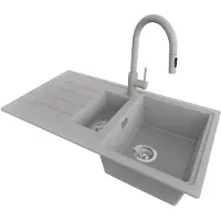 PrimaGran Granitspüle Grau 90x50cm, Spülbecken 1,5 Becken + Küchenarmatur 40x20cm + Ablauf-Set, Küchenspüle ab 60er Unterschrank - Kopenhagen Duo