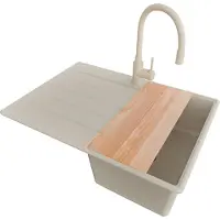 PrimaGran Granitspüle Beige 70x50cm, Spülbecken 1 Becken + Küchenarmatur 38x14cm + Ablauf-Set + Schneidebrett, Küchenspüle ab 40er Unterschrank - Kopenhagen