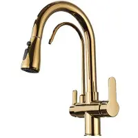 ARI 3-Wege Küchenarmatur NORDIC mit Wasserfilter-Anschluss, herausziehbare Brause, 360° schwenkbar, getrennte Wasserwege, Keramikkartusche Gold