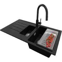 PrimaGran Granitspüle Schwarz 90x50cm, Spülbecken 1,5 Becken + Küchenarmatur 40x20cm + Ablauf-Set, Küchenspüle ab 60er Unterschrank - Kopenhagen Duo