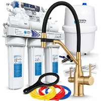 ARI Wasserfilter Set RO7 mit 3-Wege Küchenarmatur Magneto, 7-stufige Umkehrosmose, Mineralisierung, gold