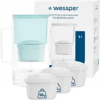 Wessper D2 BOROSILICATE Wasserfilterkanne 3 L Minze – Glasfilterkanne mit 4 AquaMax Filter