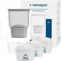 Wessper D2 BOROSILICATE Wasserfilterkanne 3 L Grau – Glasfilterkanne mit 4 AquaMax Filter, BPA-frei