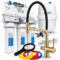 ARI 3-Wege Küchenarmatur Flexible mit RO7 Umkehrosmose Wasserfiltersystem, 7-stufige Filtration, 75 GPD Membran, herausziehbare Brause, Gold