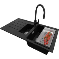 PrimaGran Granitspüle Schwarz 90x50cm, Spülbecken 1,5 Becken + Küchenarmatur 38x14cm + Ablauf-Set, Küchenspüle ab 60er Unterschrank - Kopenhagen Duo