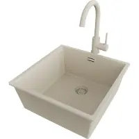PrimaGran Unterbauspüle Granit Beige 46x47cm, Spülbecken 1 Becken + Küchenarmatur 32x20cm + Ablauf-Set, Granitspüle ab 50er Unterschrank - London