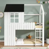 OKWISH Kinderbett 90×200 mit zwei Matratze und Sicherheitsgeländer, Hochbett mit Dreistufige Treppe und Fenster, Hausbett in Weiß