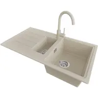 PrimaGran Granitspüle Beige 90x50cm, Spülbecken 1,5 Becken + Küchenarmatur 32x20cm + Ablauf-Set, Küchenspüle ab 60er Unterschrank - Kopenhagen Duo