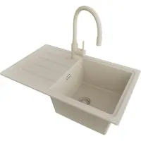 PrimaGran Granitspüle Beige 70x44cm, Spülbecken 1 Becken + Küchenarmatur 38x14cm + Ablauf-Set, Küchenspüle ab 45er Unterschrank - Kopenhagen Easy