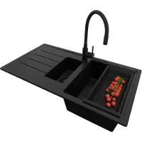 PrimaGran Granitspüle Alles Schwarz 90x50cm, Spülbecken 1,5 Becken + Küchenarmatur 38x14cm + Ablauf-Set, Küchenspüle ab 60er Unterschrank - Kopenhagen Duo