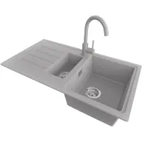 PrimaGran Granitspüle Grau 90x50cm, Spülbecken 1,5 Becken + Küchenarmatur 32x20cm + Ablauf-Set, Küchenspüle ab 60er Unterschrank - Kopenhagen Duo