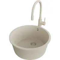 PrimaGran Unterbauspüle Granit Beige 46x46cm, Spülbecken 1 Becken + Küchenarmatur 38x14cm + Ablauf-Set, Granitspüle ab 50er Unterschrank - Valletta