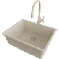 PrimaGran Unterbauspüle Granit Beige 56x44cm, Spülbecken 1 Becken + Küchenarmatur 38x14cm + Ablauf-Set, Granitspüle ab 60er Unterschrank - Venedig Easy