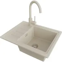 PrimaGran Granitspüle Beige 55x44cm, Spülbecken 1 Becken + Küchenarmatur 32x20cm + Ablauf-Set, Küchenspüle ab 45er Unterschrank - Kopenhagen Easy