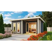 Karibu Holz Gartensauna / Saunahaus "Mainburg 5" terragrau 509 x 369 x 253 cm (B x T x H), 2 Bänke ohne Ofen mit Klarglastür