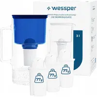 Wessper D2 BOROSILICATE Wasserfilterkanne 3 L Blau – Glasfilterkanne mit 4 AquaClassic Filter, BPA-frei