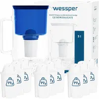 Wessper D2 BOROSILICATE Wasserfilterkanne 3 L Blau – Glasfilterkanne mit 10 AquaClassic Filter, BPA-frei