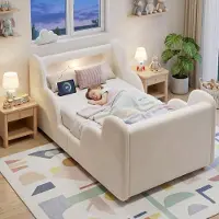 SUCCESS COURIER Kinderbett Polsterbett 90x200 cm Cloud-Design Samt Beige mit Schutzgeländer Nachtlicht & USB-Ladeanschluss Inkl. Lattenrost Ohne Matratze Einzelbett