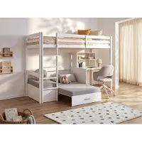 Vente-unique Zwischengeschossbett 90 x 200 cm mit Schreibtisch, Schlafsofa und Staufächern - Kiefernholz - gebleicht + Matratze - GOLIATH III