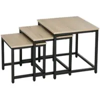 OKWISH 3er-Set Satztische aus Stahl und Holzoptik Natur, schwarz, platzsparend ineinanderschiebbar, 45x45x44 cm