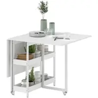 STILVORA Klapptisch Holz Weiß 133,4x80x75 cm mit 2 offenen Ablagen und Rädern