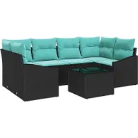 vidaXL Sofa Set mit Kissen 7 pcs Schwarz und Türkis Poly Rattan