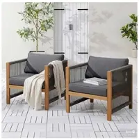 Home24 Loungesessel - 2er-Set - Akazie massiv / Polyester - Braun / Beige