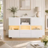 MODFU Wohnzimmerschrank Holzwerkstoff Weiß 140x35x75 cm mit LED, Schubladen, offenen Fächern und Glasvitrine