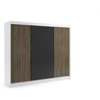 ALTDECOR Kleiderschrank mit Lamel-Schiebetüren, kugelgelagerte Führungsschienen und Aluminium-Leisten, LED-Beleuchtung und Fernbedienung - VILO - 250 cm - Weiß/Lamelle Eiche Wotan