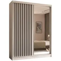 ALTDECOR Kleiderschrank mit Spiegel und Schiebetüren, kugelgelagerte Führungsschienen und Aluminium-Leisten, LED-Beleuchtung (weiß + 16 Farben) und Fernbedienung - LAMELO - 160 cm - Weiß/Weiß/Schwarz