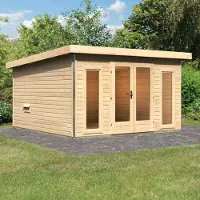 Karibu , Holz Gartensauna / Saunahaus "Mainburg 3", naturbelassen, 369 x 369 x 229 cm (B x T x H), 3 Bänke, ohne Ofen mit Klarglastür