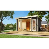 Karibu Holz Gartensauna / Saunahaus "Mainburg 3" terragrau 369 x 369 x 229 cm (B x T x H), 2 Bänke mit Ofen 9 kW + Steuergerät Easy mit Klarglastür