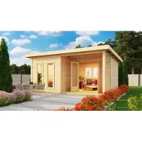 Karibu , Holz Gartensauna / Saunahaus "Mainburg 5", naturbelassen, 509 x 369 x 253 cm (B x T x H), 3 Bänke, mit Ofen 9 kW + Steuergerät Easy Bio mit Klarglastür