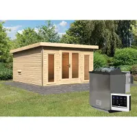 Karibu Holz Gartensauna / Saunahaus "Mainburg 3" naturbelassen 369 x 369 x 229 cm (B x T x H), 3 Bänke mit Ofen 9 kW + Steuergerät Easy mit Klarglastür