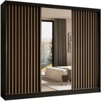 ALTDECOR Kleiderschrank mit Spiegel und Schiebetüren, kugelgelagerte Führungsschienen und Aluminium-Leisten - LAMELO - 240 cm - Schwarz/Schwarz/Artisan