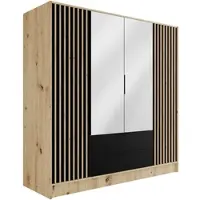 ALTDECOR Kleiderschrank mit Spiegel und selbstschließenden, Lamellentüren, Lamellen, Flügeltüren - NELIA - 200 cm Artisan / Schwarz / Artisan