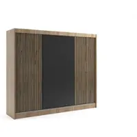 ALTDECOR Kleiderschrank mit Lamel-Schiebetüren, kugelgelagerte Führungsschienen und Aluminium-Leisten, LED-Beleuchtung und Fernbedienung - VILO - 250 cm - Sonoma Eiche/Lamelle Eiche Wotan