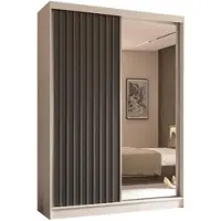 ALTDECOR Kleiderschrank mit Spiegel und Schiebetüren, kugelgelagerte Führungsschienen und Aluminium-Leisten, LED-Beleuchtung (weiß + 16 Farben) und Fernbedienung - LAMELO - 150 cm - Weiß/Grau/Grau