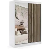 ALTDECOR Kleiderschrank mit Spiegel und Lamel-Schiebetüren, kugelgelagerte Führungsschienen und Aluminium-Leisten - VILO - 150 cm - Weiß/Lamelle Eiche Wotan