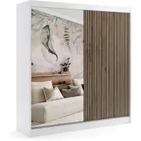 ALTDECOR Kleiderschrank mit Spiegel und Lamel-Schiebetüren, kugelgelagerte Führungsschienen und Aluminium-Leisten - VILO - 200 cm - Weiß/Lamelle Eiche Wotan
