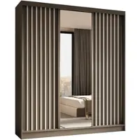 ALTDECOR Kleiderschrank mit Spiegel und Schiebetüren, kugelgelagerte Führungsschienen und Aluminium-Leisten, LED-Beleuchtung (weiß + 16 Farben) und Fernbedienung - LAMELO - 180 cm - Grau/Grau/Weiß