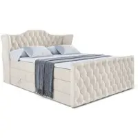 ALTDECOR Boxspringbett mit Fußteil, 2 Matratzen und Topper - 140x200 cm - VILA-Z KING - creme Samt - Polsterbett mit, H3- und H4- Matratzen, Bettkasten und Lattenrost, Bett mit Stauraum