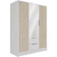 ALTDECOR Kleiderschrank mit Spiegel und selbstschließenden, Lamellentüren, Lamellen, Flügeltüren - NELIA - 150 cm Weiß / Artisan
