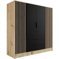 ALTDECOR Kleiderschrank mit selbstschließenden, Lamellentüren, Lamellen, Flügeltüren - NELIA - 200 cm Artisan / Schwarz / Artisan