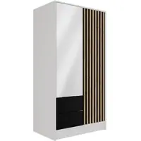 ALTDECOR Kleiderschrank mit Spiegel und selbstschließenden, Lamellentüren, Lamellen, Flügeltüren - NELIA - 100 cm Weiß / Schwarz / Artisan
